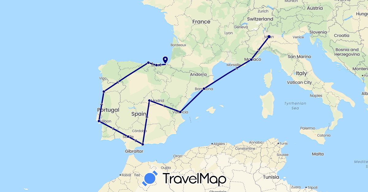 TravelMap itinerary: driving in Spain, France, Italy, Portugal (Europe)