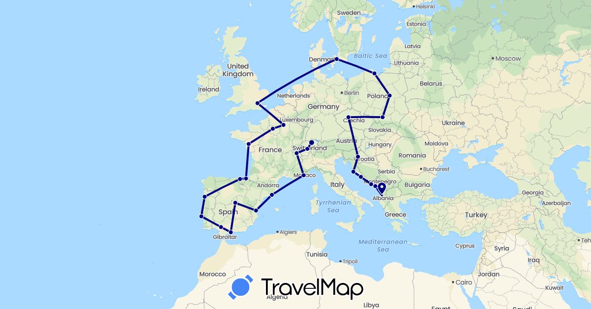 TravelMap itinerary: driving in Albania, Switzerland, Czech Republic, Denmark, Spain, France, United Kingdom, Croatia, Montenegro, Poland, Portugal (Europe)